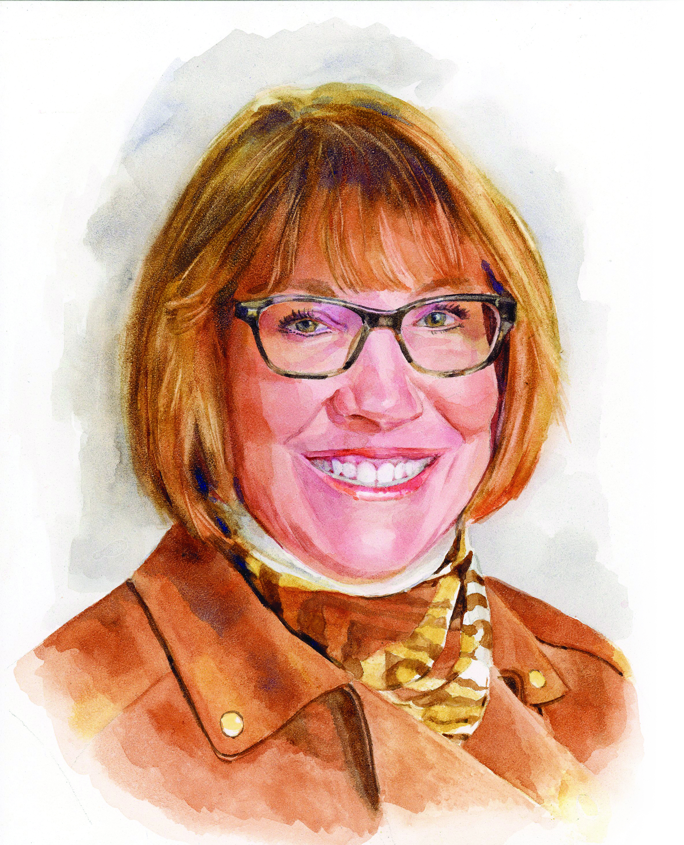 A watercolor portrait of a smiling woman with short, light brown hair and glasses. She is wearing a brown jacket with gold buttons and a patterned scarf with shades of gold and brown. The soft background keeps the focus on her, while her expression conveys warmth and approachability.