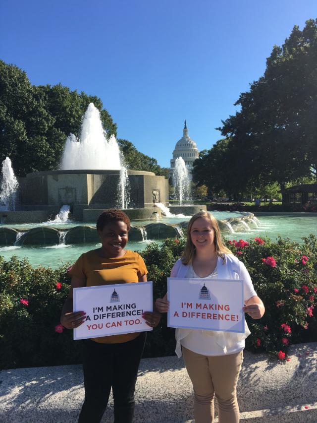 Heather Brockwell and Keyara Brickhouse represent Longwood University's CSD undergraduate program at ASHA's Student Hill Day 2017