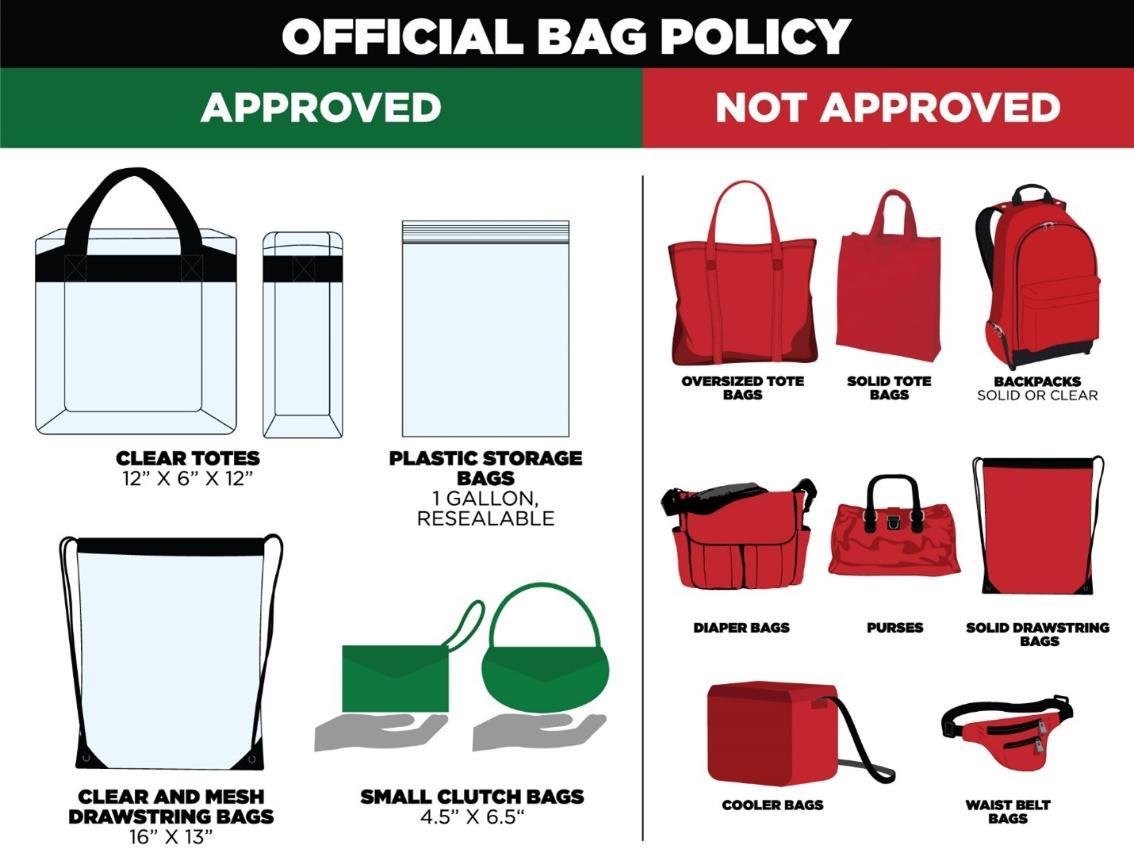 The graphic shows clear approved bags as clear totes 12