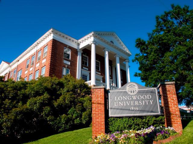 Exterior of French Hall with Longwood University sign