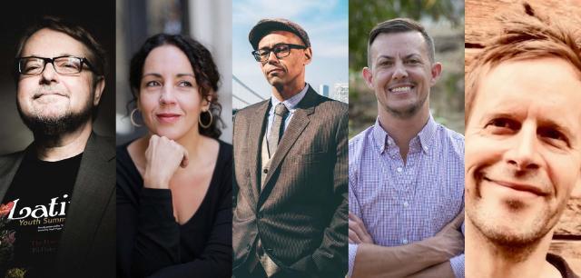 One of these five finalists—Urrea (left), Cruz, LaValle, Sickels, Rock—will be named the 43rd recipient of the John Dos Passos Prize for Literature